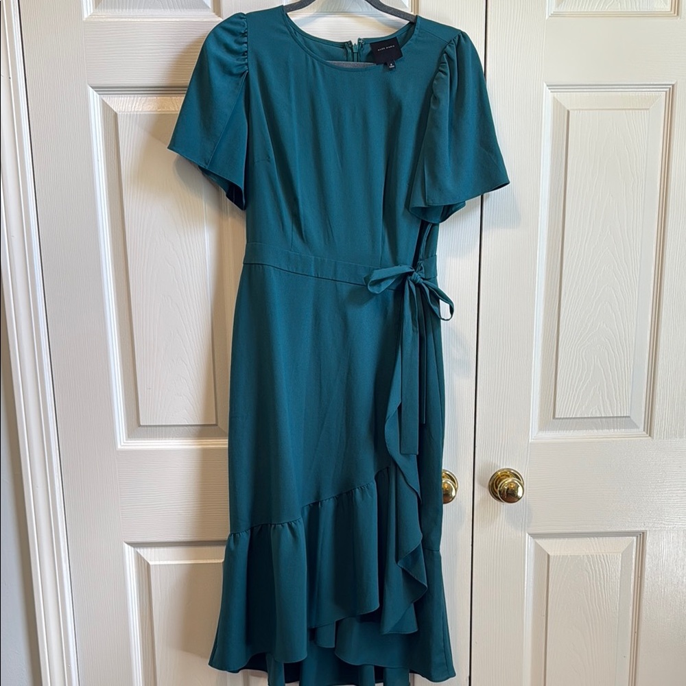 Alex Marie Green and Blue Asymmetrical Ruffled Wrap Sundress
